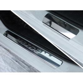 Накладки на пороги (лист зеркальный надпись Mazda) ТСС MAZ615-05 для Mazda 6 (2015 - 2017)